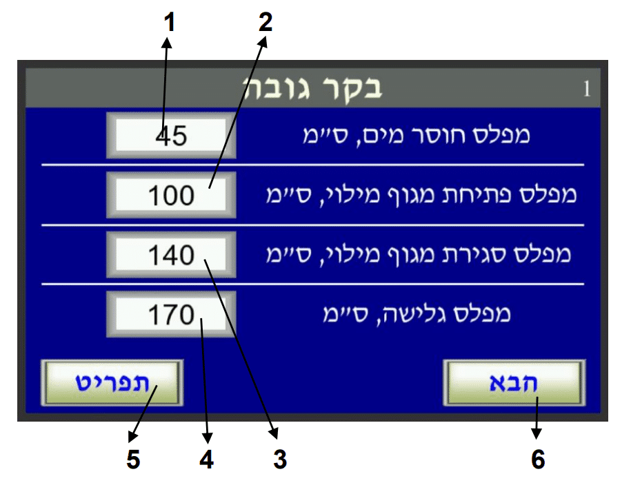 בקר גובה — מסך 1 (מפלסי הפעלה/עצירה)